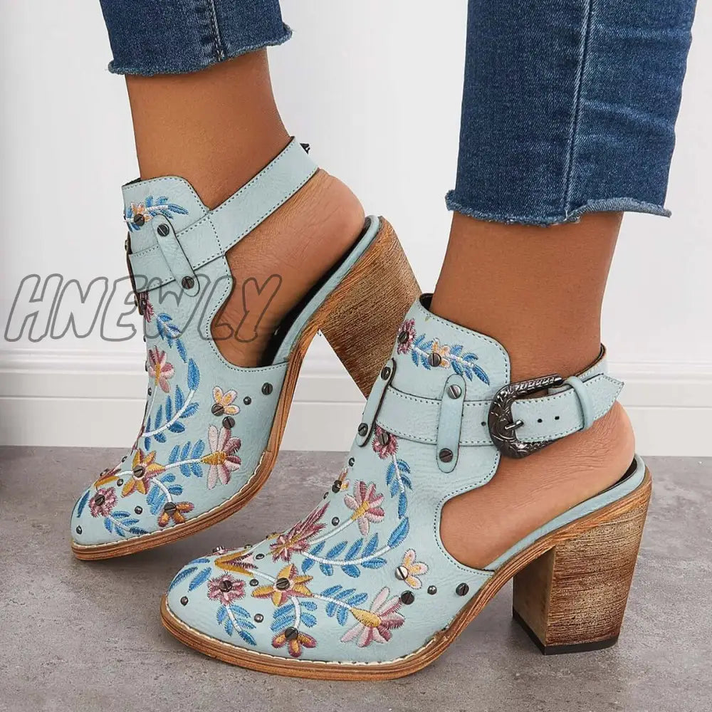 Hnewly Cutout Embroidered Chunky Heels Ankle Strap Slingback Sandals