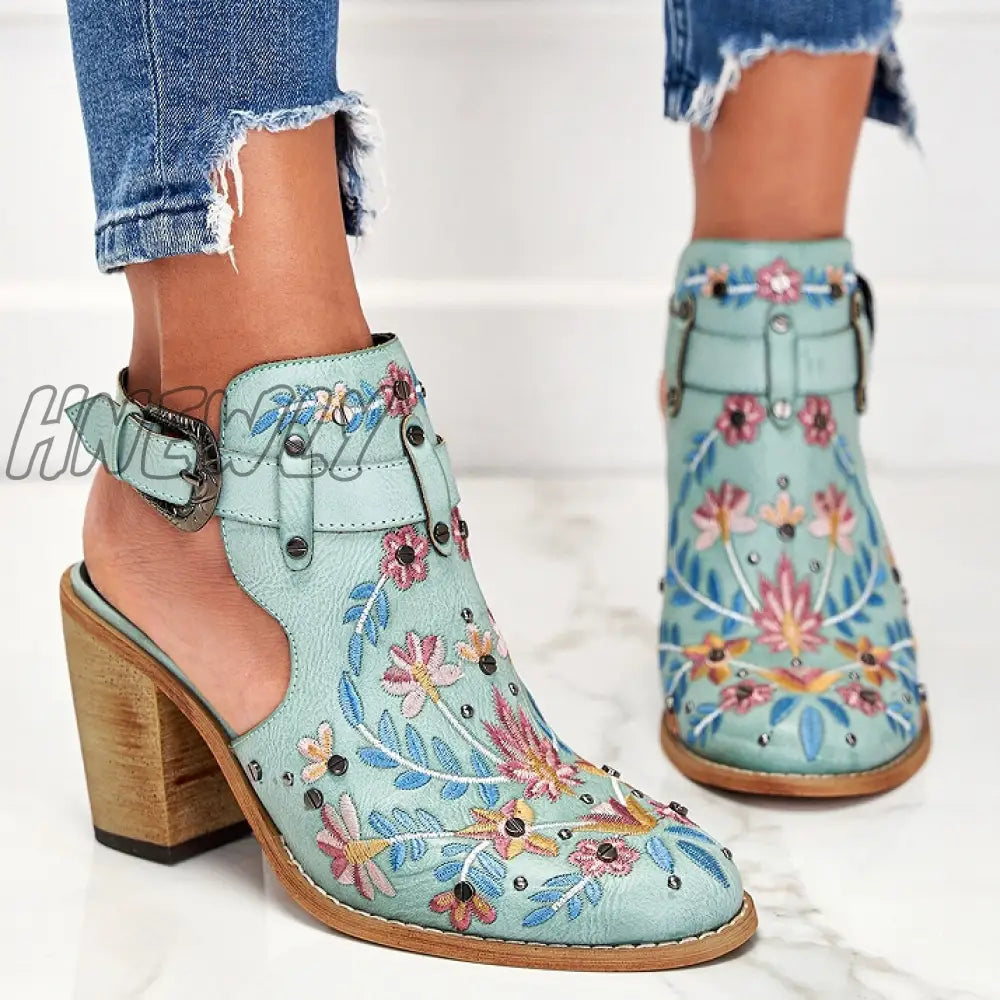 Hnewly Cutout Embroidered Chunky Heels Ankle Strap Slingback Sandals