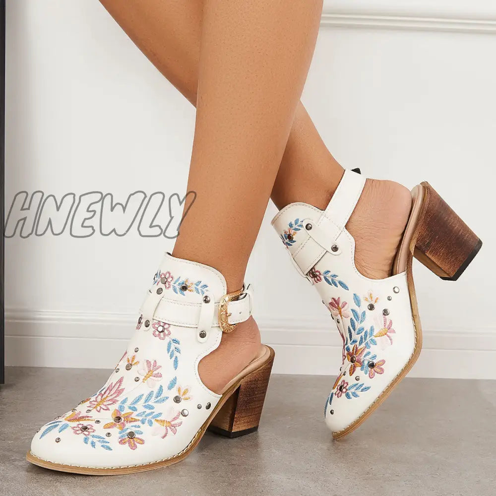 Hnewly Cutout Embroidered Chunky Heels Ankle Strap Slingback Sandals