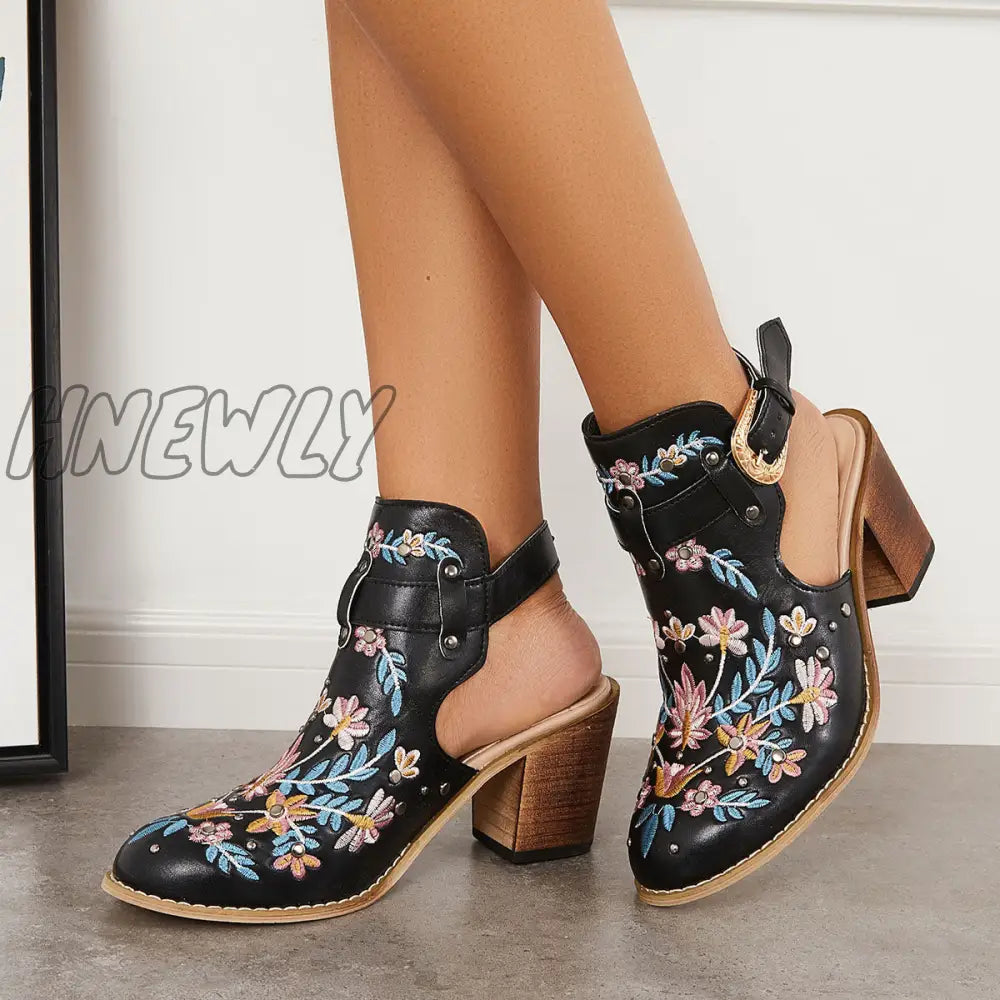 Hnewly Cutout Embroidered Chunky Heels Ankle Strap Slingback Sandals Black / 5