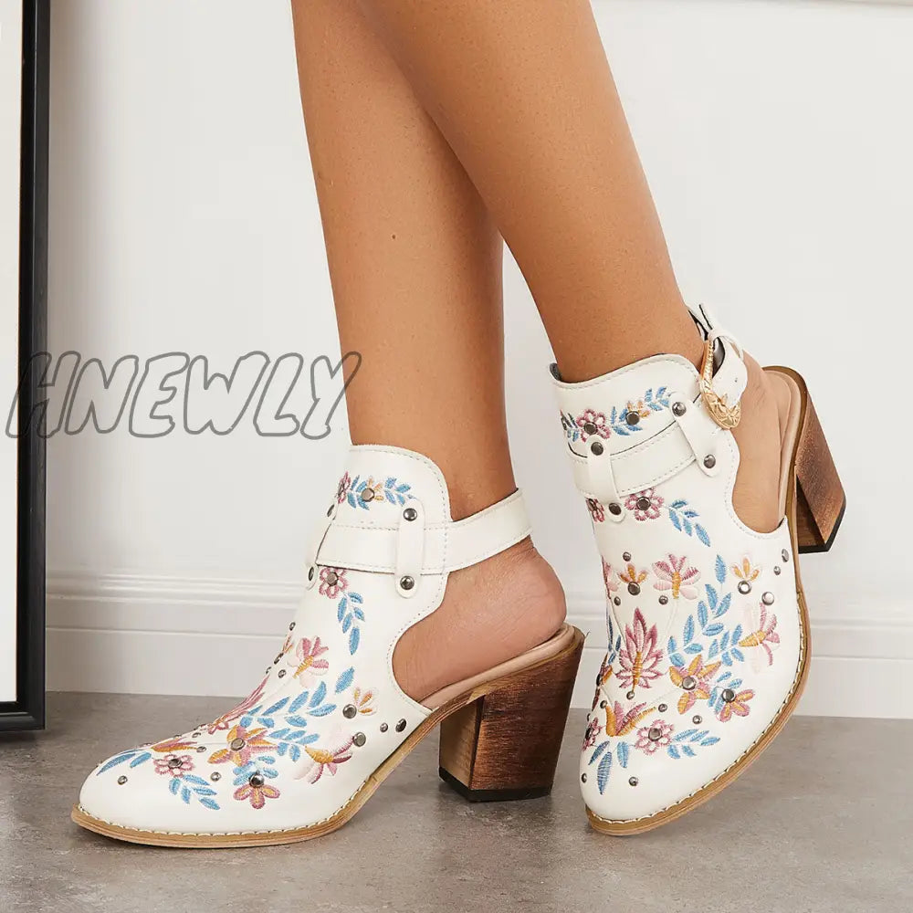 Hnewly Cutout Embroidered Chunky Heels Ankle Strap Slingback Sandals White / 5