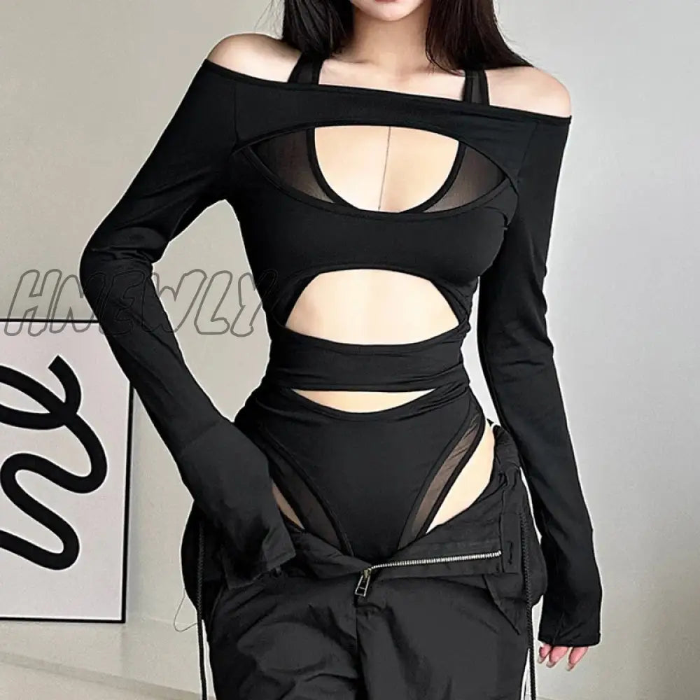 Hnewly Cyber Y2K Punk Hollow Out Sexy Bodysuits Mall Gothic Bodycon Mesh Sheer T-Shirts Women Long