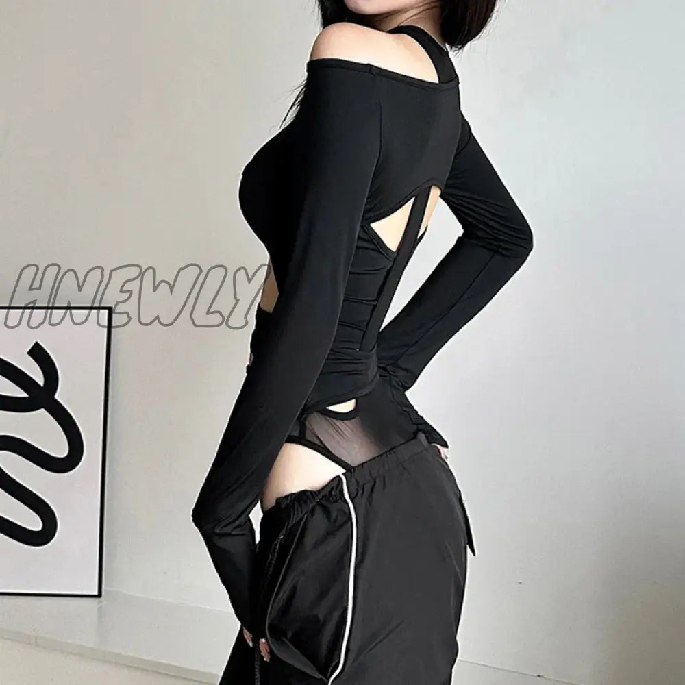 Hnewly Cyber Y2K Punk Hollow Out Sexy Bodysuits Mall Gothic Bodycon Mesh Sheer T-Shirts Women Long