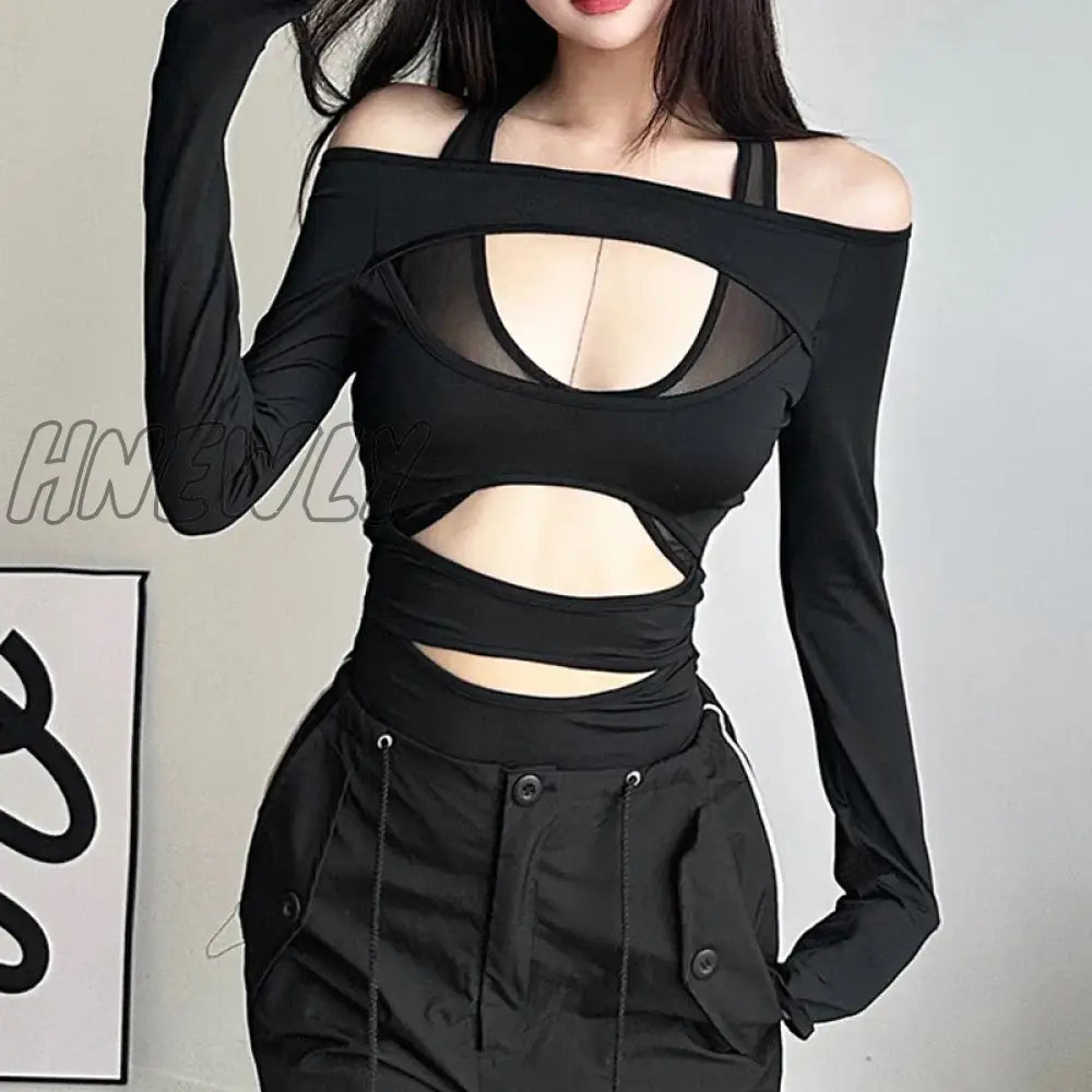 Hnewly Cyber Y2K Punk Hollow Out Sexy Bodysuits Mall Gothic Bodycon Mesh Sheer T-Shirts Women Long