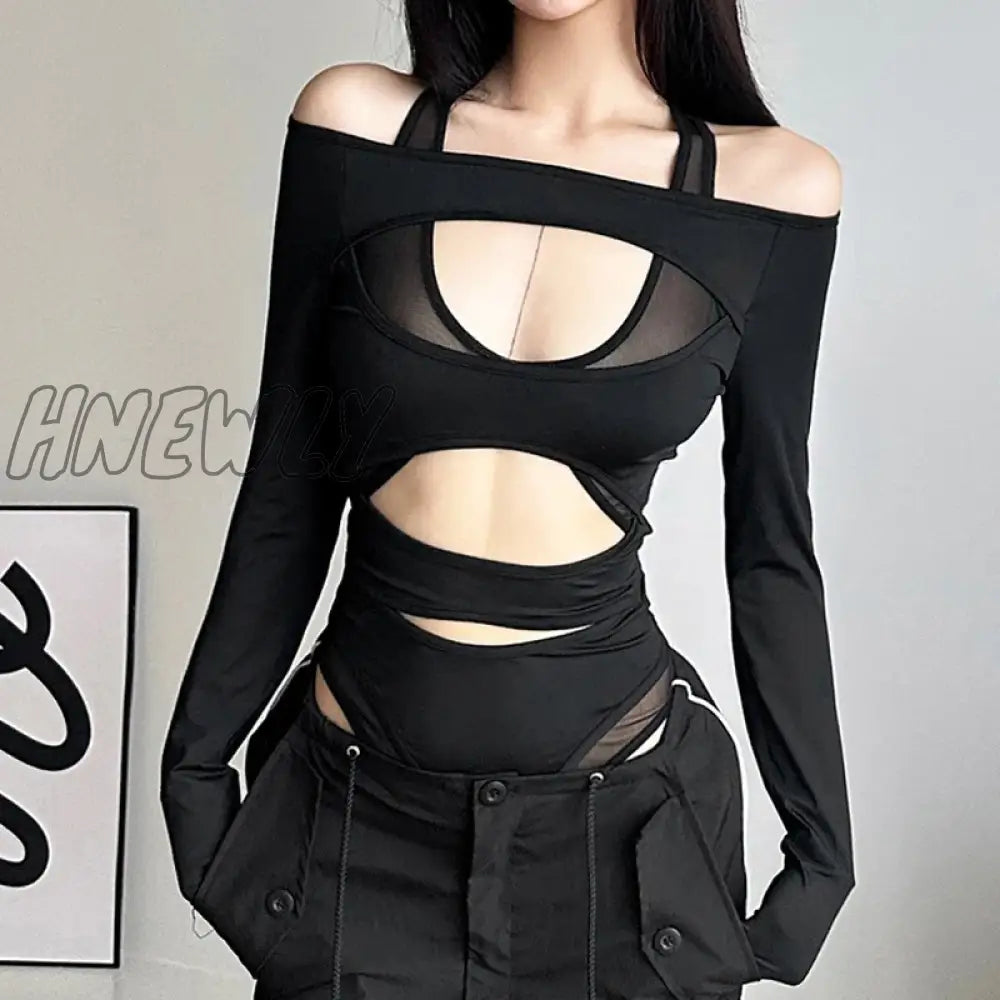 Hnewly Cyber Y2K Punk Hollow Out Sexy Bodysuits Mall Gothic Bodycon Mesh Sheer T-Shirts Women Long