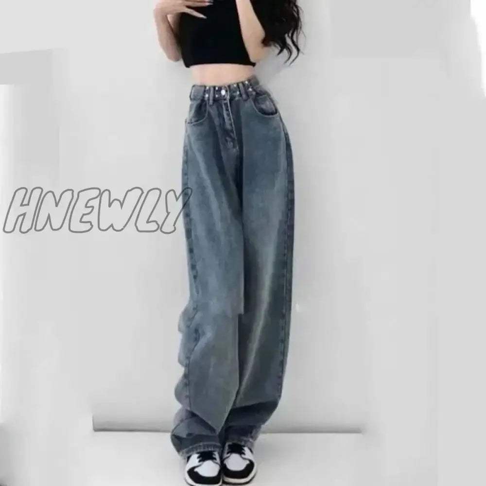 Hnewly Denim Straight Leg Pants Retro Blue Women Spring And Summer Fashion High Waist Jeans Loose