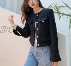 Hnewly Designer Fashion Button Single Breasted Short Jacke Coat Women Vintage Elegant Tweed Black