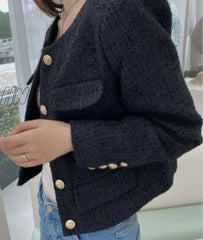 Hnewly Designer Fashion Button Single Breasted Short Jacke Coat Women Vintage Elegant Tweed Black