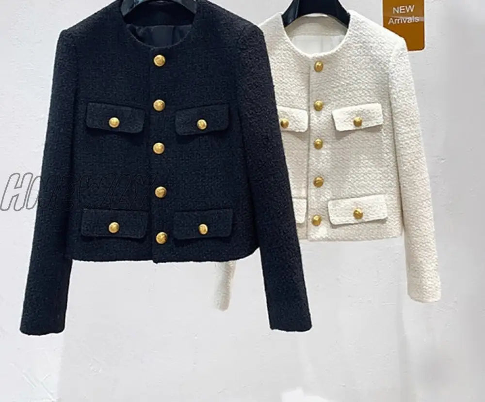 Hnewly Designer Fashion Button Single Breasted Short Jacke Coat Women Vintage Elegant Tweed Black