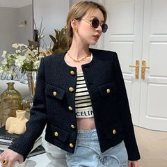 Hnewly Designer Fashion Button Single Breasted Short Jacke Coat Women Vintage Elegant Tweed Black