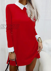 Hnewly Dress For Women Long Sleeves Turn Down Collar Dresses Fashion Elegant Party Office Ladies