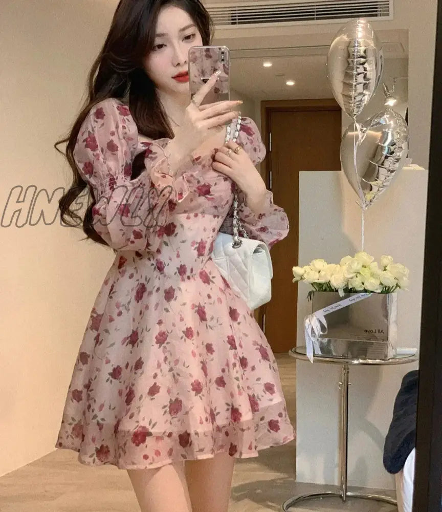 Hnewly Dress Women Aesthetic Slim Floral A-Line Spring Sweet Designed Vintage French Style