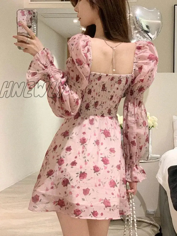 Hnewly Dress Women Aesthetic Slim Floral A-Line Spring Sweet Designed Vintage French Style