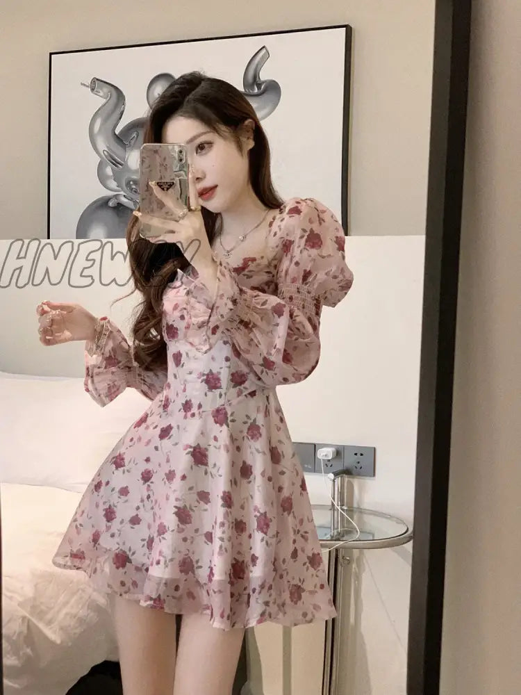 Hnewly Dress Women Aesthetic Slim Floral A-Line Spring Sweet Designed Vintage French Style