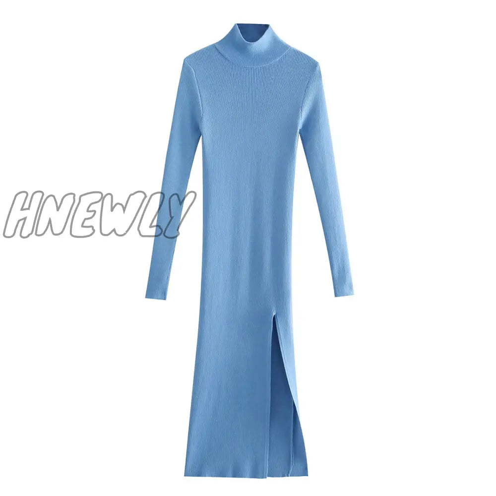 Hnewly Dress Women Long Sleeves High - Neck Elastic Midi Fashion Elegant Chic Lady Knit Sweater