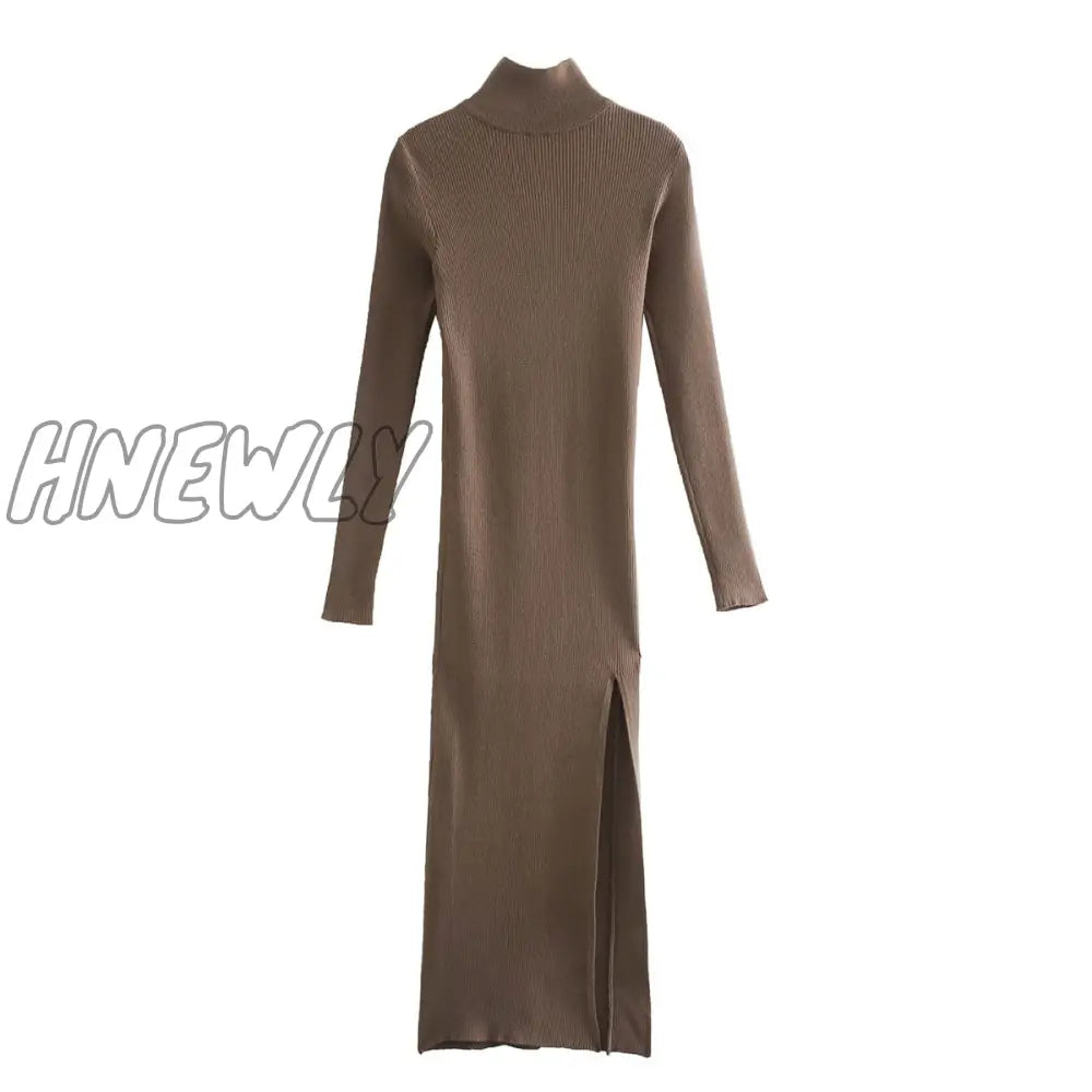 Hnewly Dress Women Long Sleeves High - Neck Elastic Midi Fashion Elegant Chic Lady Knit Sweater