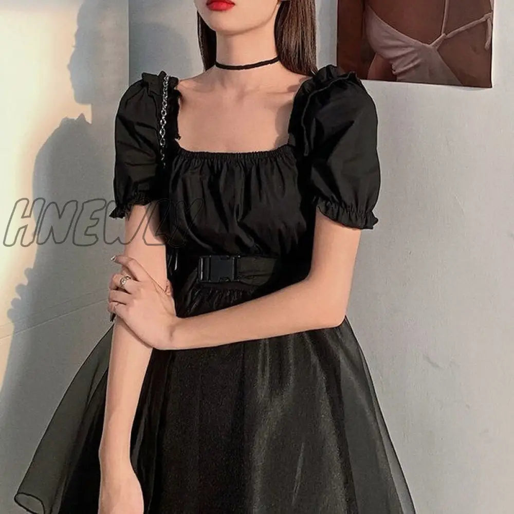 Hnewly Dress Women Sashes Mesh Vintage Solid French Slim Square Collar Trendy Design Party Dance