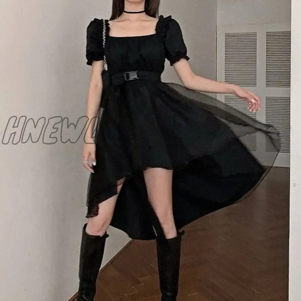 Hnewly Dress Women Sashes Mesh Vintage Solid French Slim Square Collar Trendy Design Party Dance