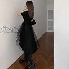 Hnewly Dress Women Sashes Mesh Vintage Solid French Slim Square Collar Trendy Design Party Dance