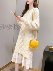 Hnewly Dresses For Women Korean Oversized Sweater Maxi Dress O-Neck Elegant Commute Party Fashion