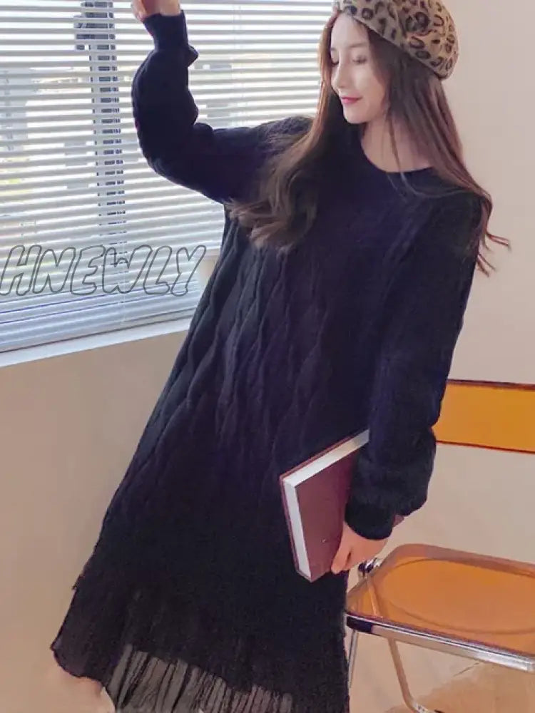 Hnewly Dresses For Women Korean Oversized Sweater Maxi Dress O-Neck Elegant Commute Party Fashion