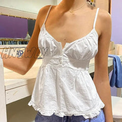 Hnewly E-Girl Aesthetic Women Summer Camisoles Solid/Plaid Sleeveless V Neck Ruffle Hem Sling Tops