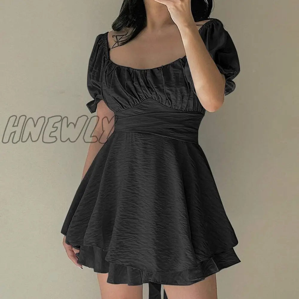 Hnewly Elegant Bare Shoulders Mini Dress Evening Party Dresses French Short Sleeve Split Korean