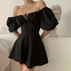 Hnewly Elegant Bare Shoulders Mini Dress Evening Party Dresses French Short Sleeve Split Korean