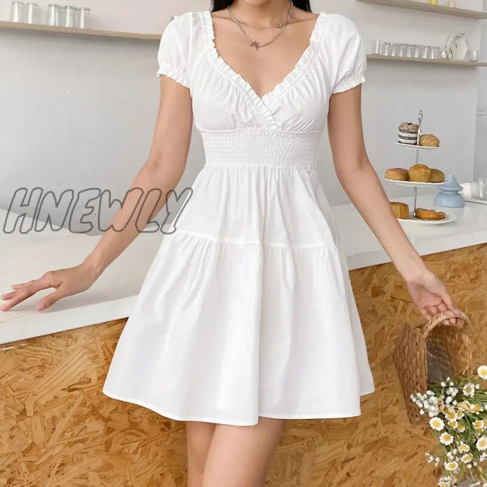 Hnewly Elegant Bare Shoulders Mini Dress Evening Party Dresses French Short Sleeve Split Korean