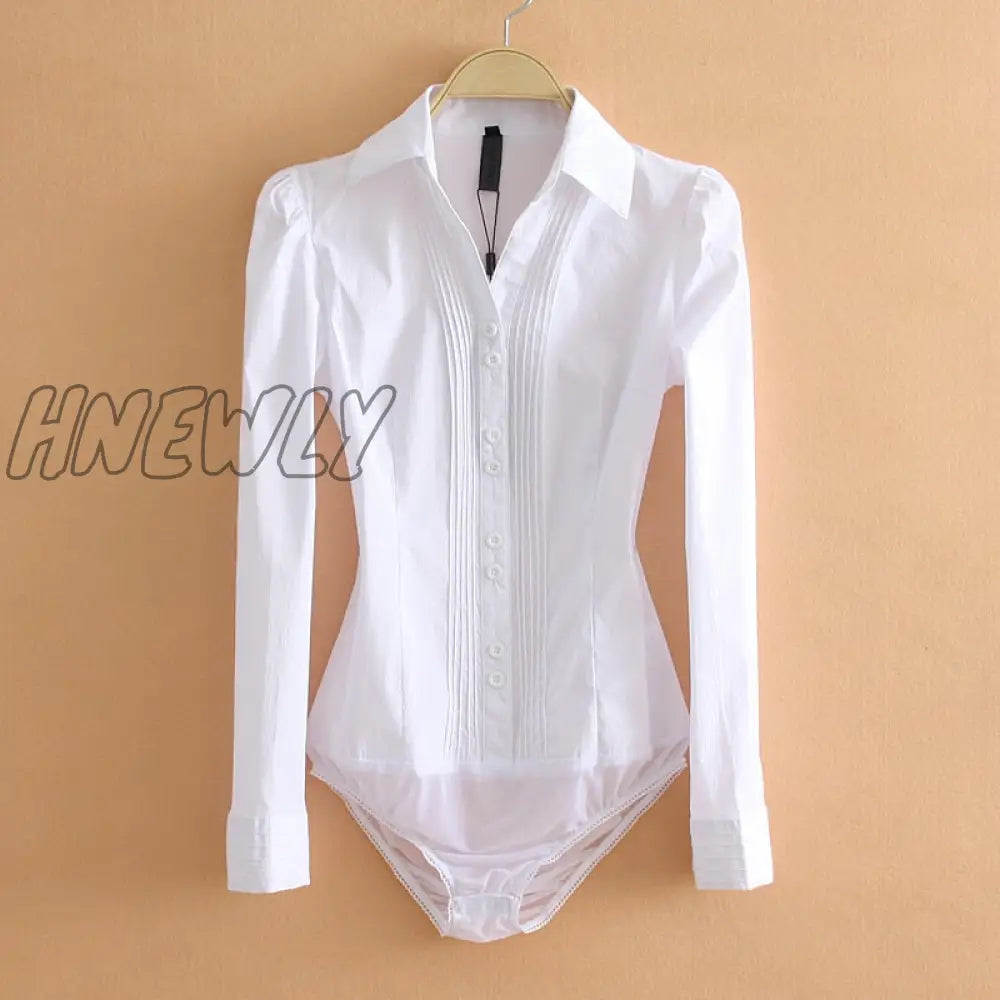 Hnewly Elegant Bodysuits Women Office Lady White Body Shirt Long Sleeved Blouse Ladies Collar Tops