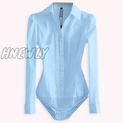 Hnewly Elegant Bodysuits Women Office Lady White Body Shirt Long Sleeved Blouse Ladies Collar Tops