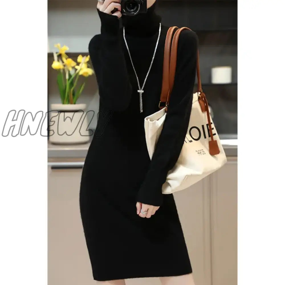 Hnewly Elegant Cashmere Sweater Womens Dresses 100% Merino Wool Autumn Winter Turtleneck Knitted