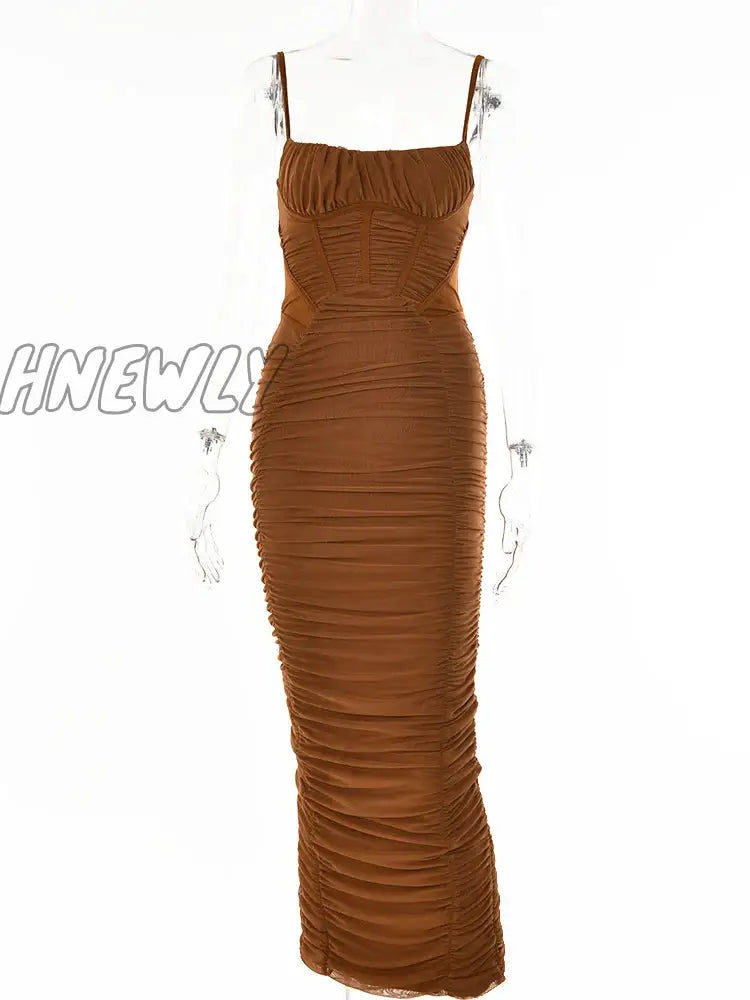 Hnewly Elegant Corset Ruched Maxi Dress Women Fashion Spaghetti Strap Sleeveless Backless Zipper