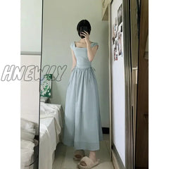 Hnewly Elegant Cotton Blue Midi Dress Summer Korean Short Sleeve Beach Style Sundress Party Even