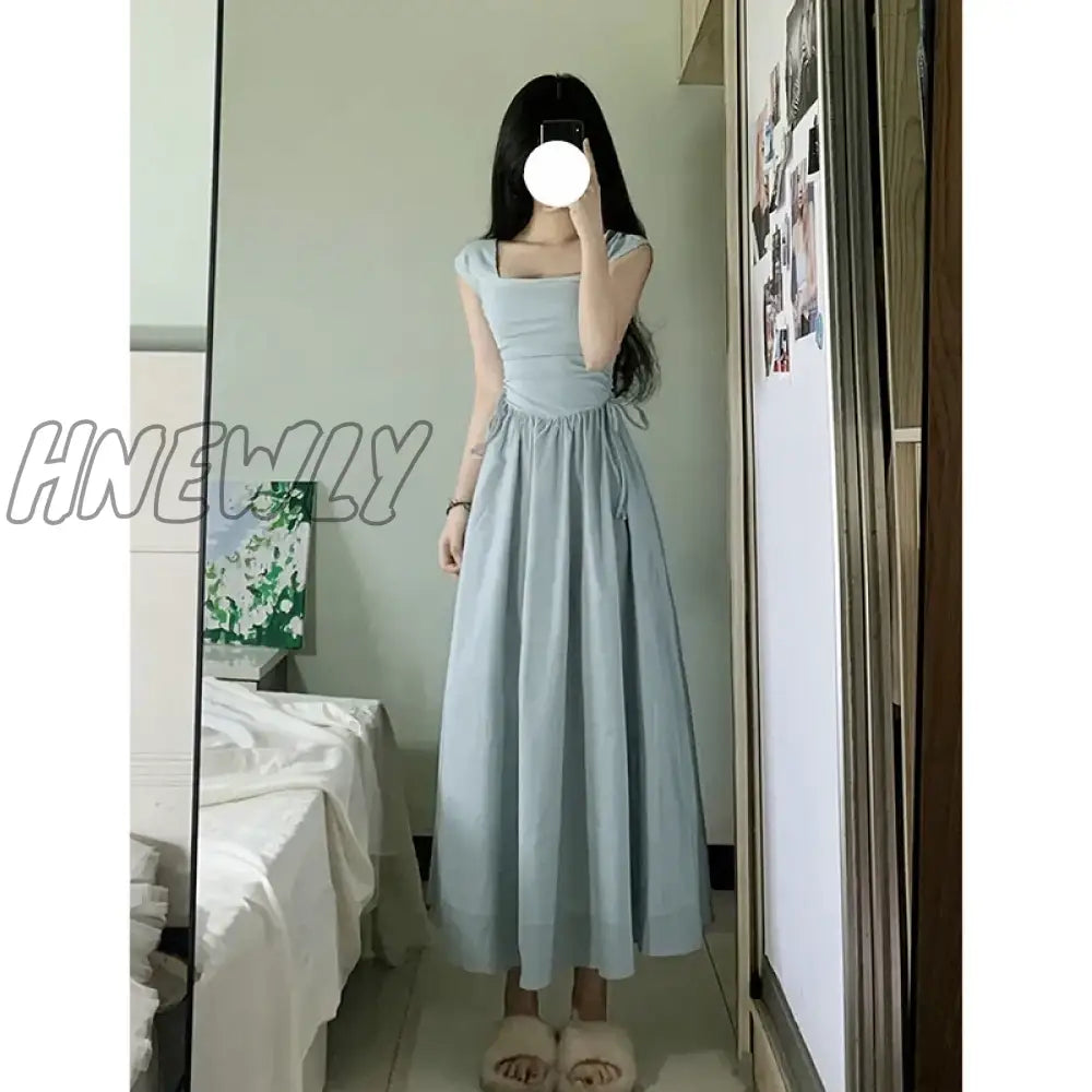 Hnewly Elegant Cotton Blue Midi Dress Summer Korean Short Sleeve Beach Style Sundress Party Even