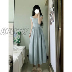 Hnewly Elegant Cotton Blue Midi Dress Summer Korean Short Sleeve Beach Style Sundress Party Even