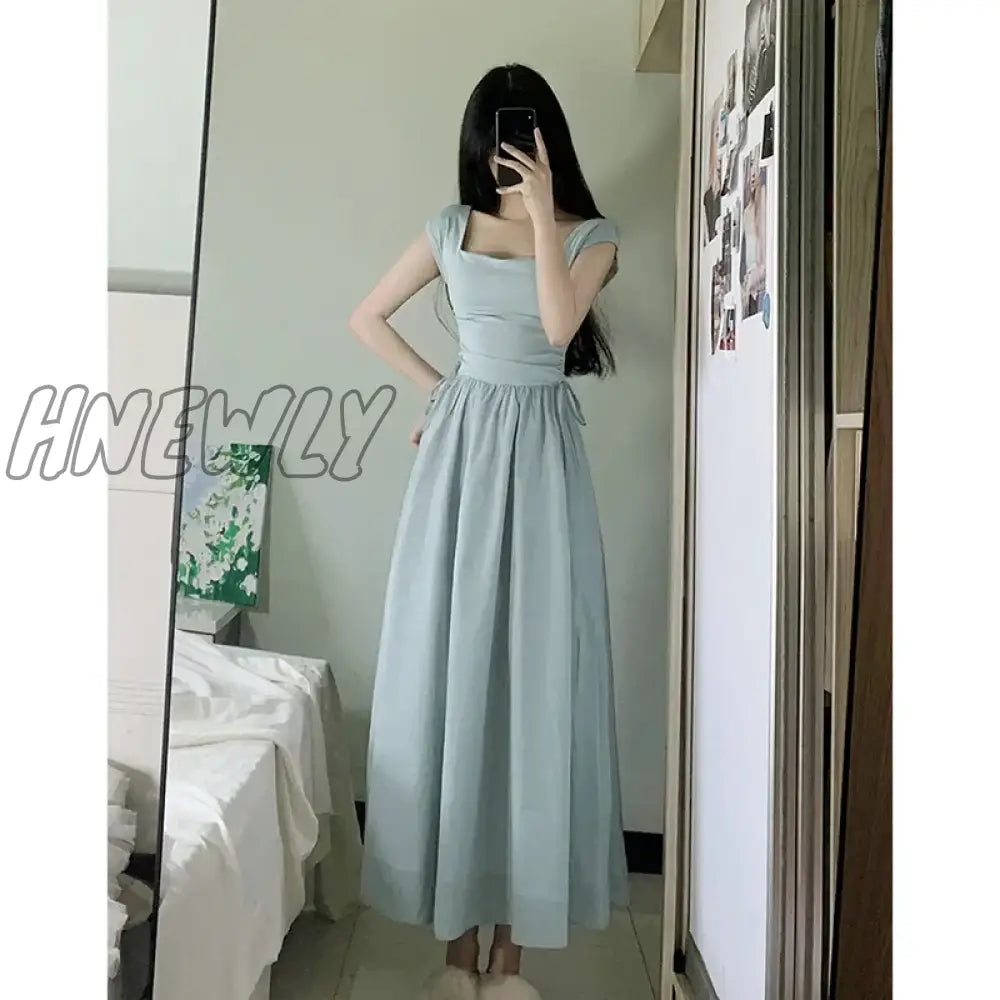 Elegant Cotton Blue Midi Dress Summer Korean Short Sleeve Beach Style Sundress Party Even Office Lady Sexy Corset Dress Women