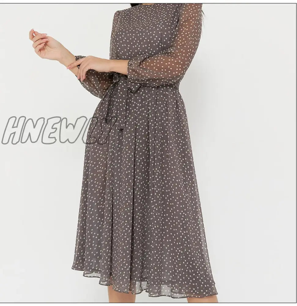 Hnewly Elegant Dot Print Long Sleeve Polka Dress O Neck Chiffon A Line Women Casual Vintage Midi