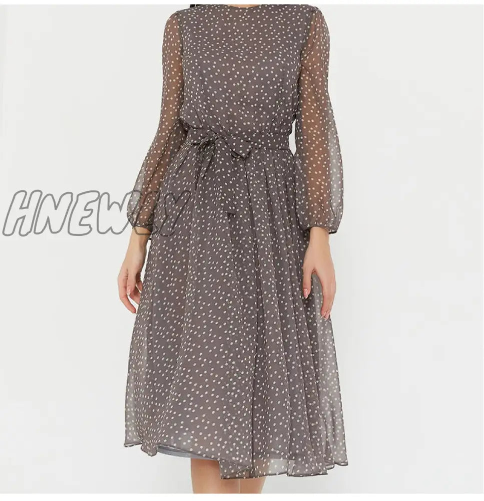 Hnewly Elegant Dot Print Long Sleeve Polka Dress O Neck Chiffon A Line Women Casual Vintage Midi