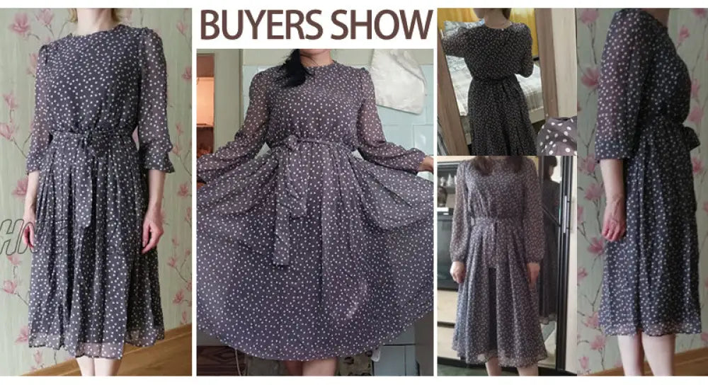 Hnewly Elegant Dot Print Long Sleeve Polka Dress O Neck Chiffon A Line Women Casual Vintage Midi