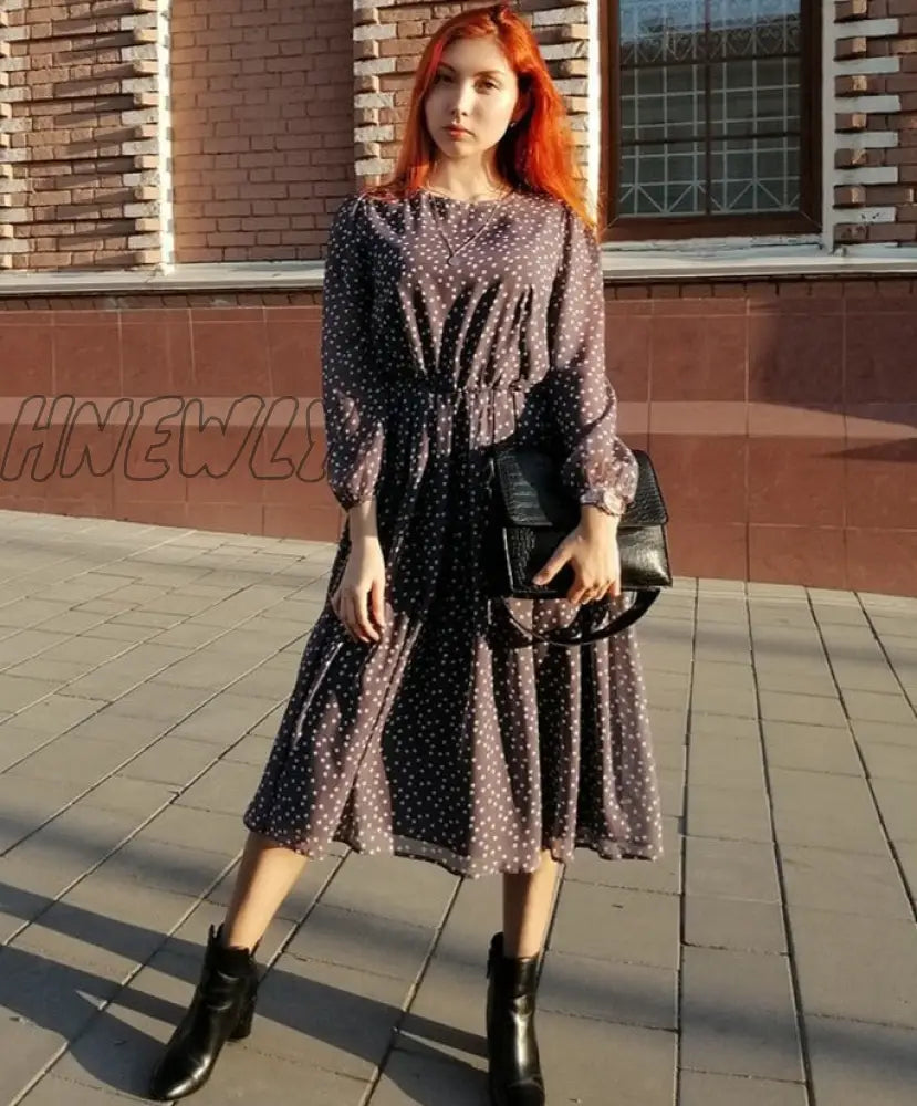 Hnewly Elegant Dot Print Long Sleeve Polka Dress O Neck Chiffon A Line Women Casual Vintage Midi