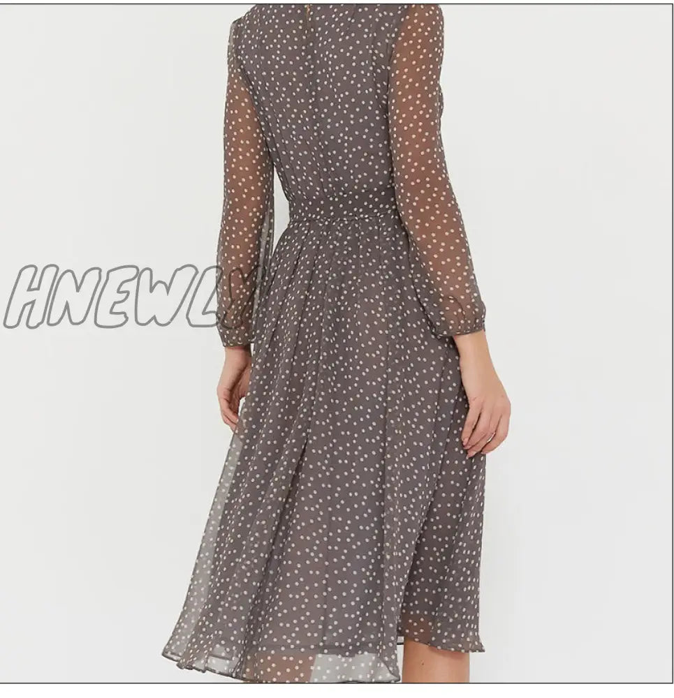 Hnewly Elegant Dot Print Long Sleeve Polka Dress O Neck Chiffon A Line Women Casual Vintage Midi