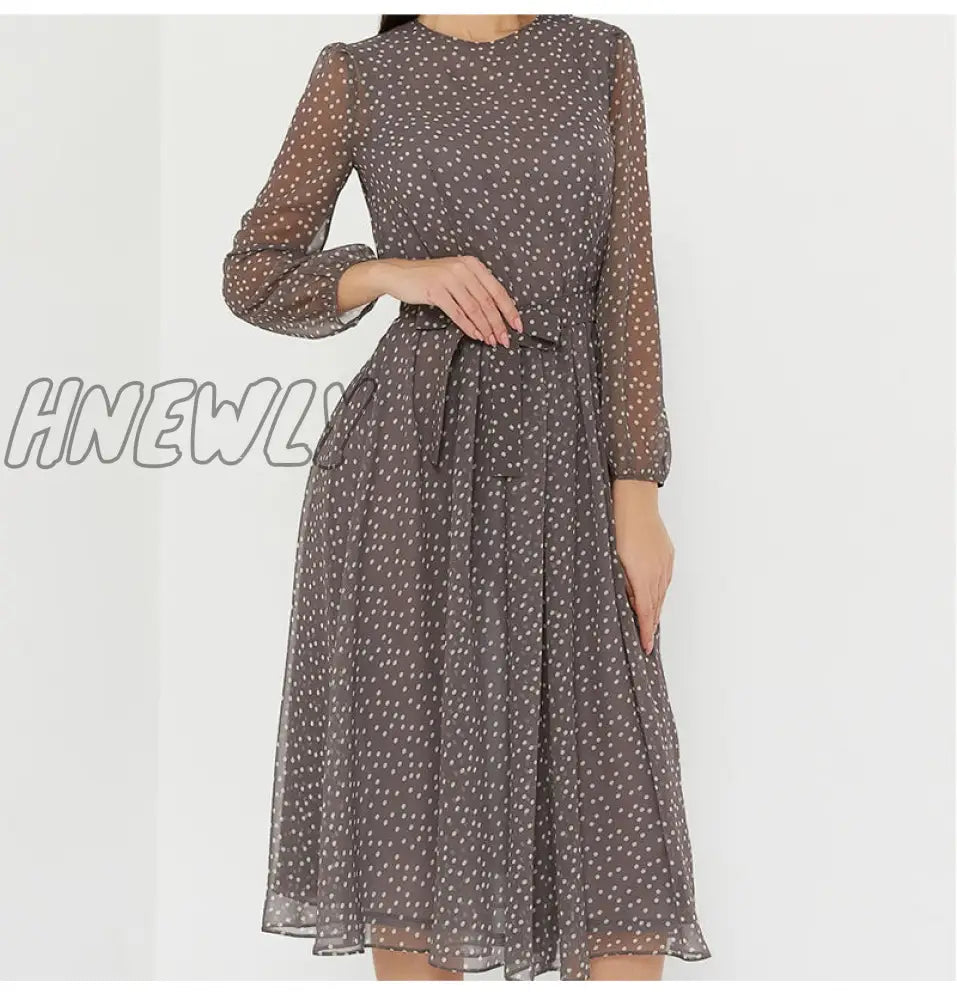 Hnewly Elegant Dot Print Long Sleeve Polka Dress O Neck Chiffon A Line Women Casual Vintage Midi