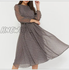 Hnewly Elegant Dot Print Long Sleeve Polka Dress O Neck Chiffon A Line Women Casual Vintage Midi