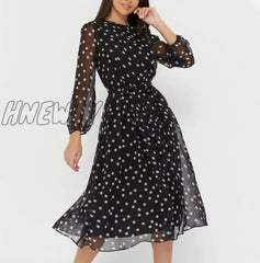 Hnewly Elegant Dot Print Long Sleeve Polka Dress O Neck Chiffon A Line Women Casual Vintage Midi