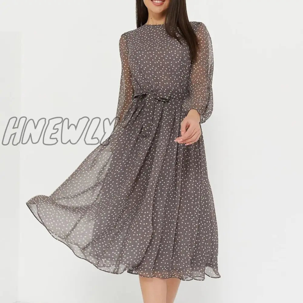 Hnewly Elegant Dot Print Long Sleeve Polka Dress O Neck Chiffon A Line Women Casual Vintage Midi