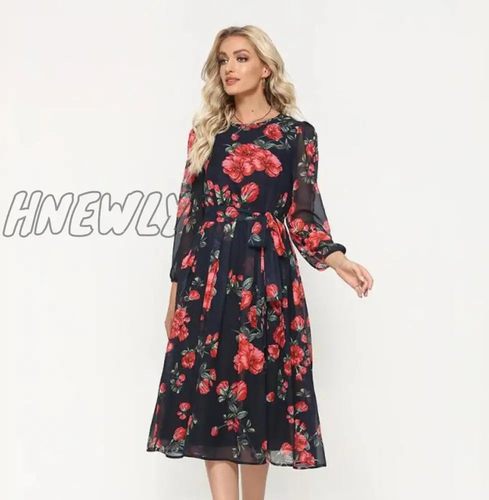 Hnewly Elegant Dot Print Long Sleeve Polka Dress O Neck Chiffon A Line Women Casual Vintage Midi