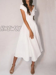 Hnewly Elegant Dress Women Short Sleeve Sexy V-Neck Party Dresses Lady White Spring Summer Long Off