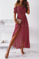 Hnewly - Elegant Floral Slit Fold Off The Shoulder Waist Skirt Dresses(5 Colors) Purplish Red / S