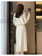 Hnewly Elegant Half Turtleneck Plaid Sweaters Tops + Slim High Waist Knitwear Skirts 2 Piece Sets